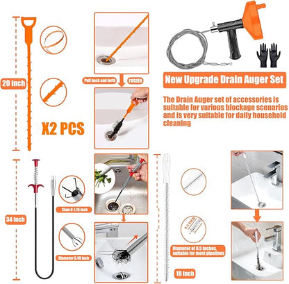 Drain Snake Auger 33 Feet, Plumbing Snake Drain Hair Clog Removal Tool, Heavy Duty Toilet Snake Auger, Sink Unclogger Drain Cleaner Tool for Bathroom Kitchen Tub Shower Drain Clog Remover with Gloves