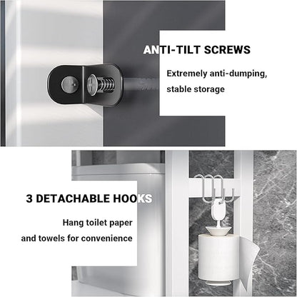 Homykic Over The Toilet Storage, Bamboo Over Toilet Bathroom Organizer Rack, Freestanding Bathroom Shelves Above Toilet Storage with 3 Hooks, Bathroom Space Saver, No Rust, Easy to Assemble, White