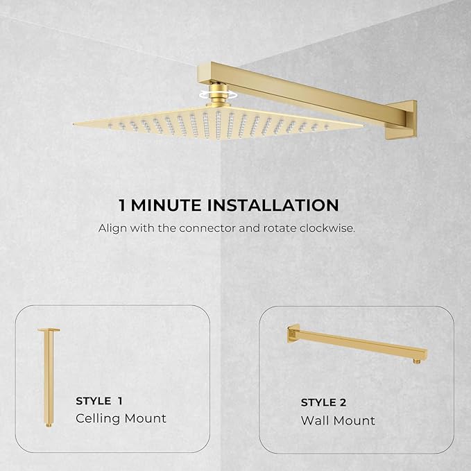 10 Inch Rain Shower Head, Square Rainfall & High Pressure, 304 Stainless Steel, 1/16" Ultra Thin, Waterfall Full Body Coverage with Silicone Nozzle, Brushed Gold