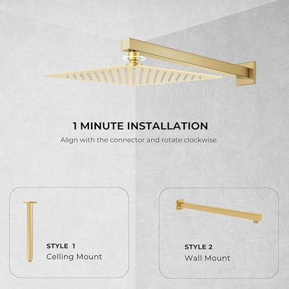 10 Inch Rain Shower Head, Square Rainfall & High Pressure, 304 Stainless Steel, 1/16" Ultra Thin, Waterfall Full Body Coverage with Silicone Nozzle, Brushed Gold