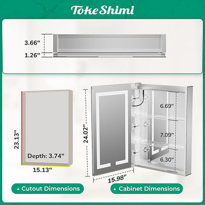 TokeShimi 16x24 Surface Mount or Recessed Medicine Cabinet with Lights 3 Colors Dimmable, Led Medicine Cabinet Mirror with Outlet and Defogger,2-Side Front Lit Bathroom Mirror with Storage