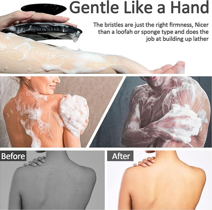 Soft Silicone Body Scrubber, Gentle Like a Hand Exfoliating Your Skin and Build Up Lather, Back Large Suction Cup Easy to Store, & Deep Clean (Body Scrubber + Face Scrubber Black)