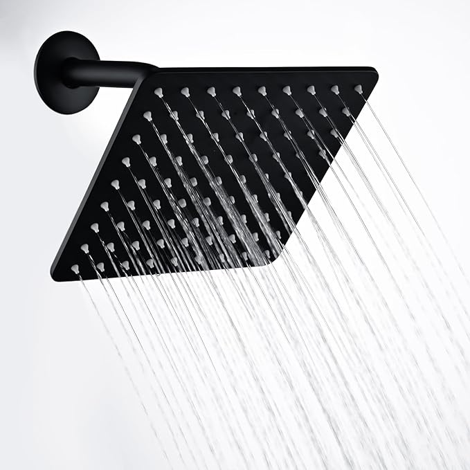 Rainfall Shower Head, MEDIOMI Rain Shower Head Set - Ultra-Thin Design High Flow Stainless Steel Large Square Rain Shower Heads with Shower Arm and Flange (8-Inch, Matte Black)