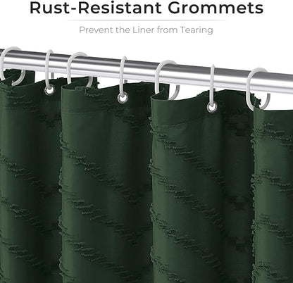 84inch Extra Long Dark Green Boho Shower Curtain Woven Fabric Shower Curtain Tufted Chervon Textured Shower Curtains Minimalist Shower Curtains for Bathroom