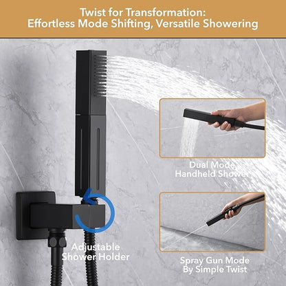 VANFOXLE Shower Faucet Set Matte Black Shower System,Shower Faucet with 2 in 1 Handheld,Ceiling Mount 19 Inch Shower Head+14 Inch Shoulder massager