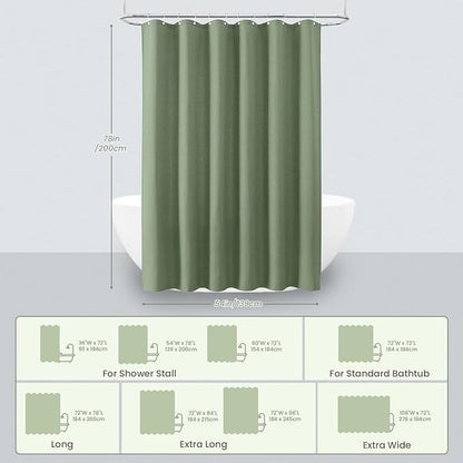 Inhousolu Fabric Shower Curtain Waffle Weave, Sage Green 230 GSM Heavy Duty, Weighted Hem, 12 Metal Hooks, Water Repellent, Machine Washable, Hotel Spa Luxury Bath Curtain Set, 54 x 78 Inch