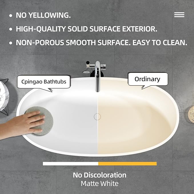 Cpingao 63" Freestanding Bathtub, Oval Shaped Resin Stone Freestanding Tubs, Solid Surface Matte White Soaking Tub with Overflow and Pop-up Drain 8801-1600