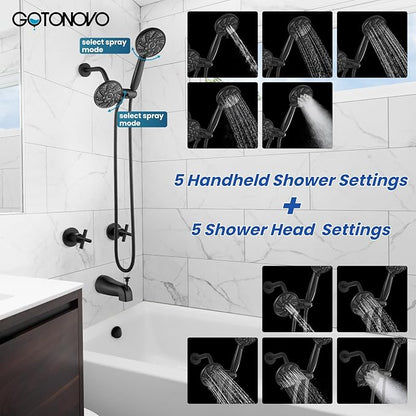 gotonovo 2 Handle Tub Shower Faucet Set Bathtub and Shower Faucet Combo Dual Shower Head and Handle Set Tub Shower Trim Kit Shower System with Tub Spout Wall Mount Matte Black