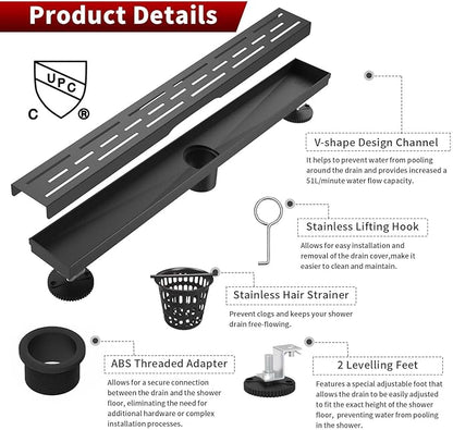 Sharp-tec Linear Shower Drain, 28 inch Shower Drain with Removable Pattern Cover, Matte Black 304 Stainless Steel Rectangle Floor Drain, Adjustable Feet and Hair Strainer Included (Model 101)