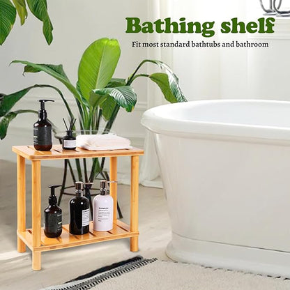 Bamboo Shower Bench Stool, Shower Stool for Inside Shower with Storage Shelf, Waterproof Shower Chair Spa Bath Seat, Bathroom Bench Seat for Adults for Indoor or Outdoor Use.