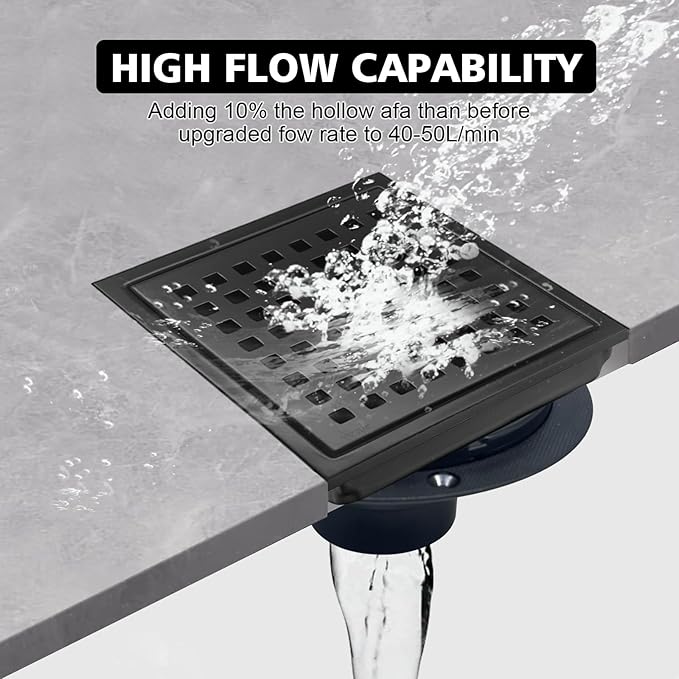 6 Inch Square Shower Drain with Flange, Removeable Grate SUS 304 Stainless Steel Shower Drain with Hair Catcher (Matte Black, 6 Inch)
