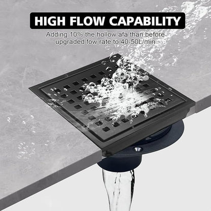6 Inch Square Shower Drain with Flange, Removeable Grate SUS 304 Stainless Steel Shower Drain with Hair Catcher (Matte Black, 6 Inch)