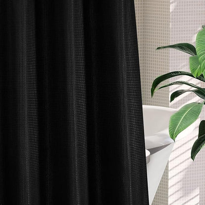 MitoVilla Black Waffle Long Shower Curtain Liner Set 72 x 80, No Hooks Required 80 inch Long Heavyweight Fabric Shower Curtain Set with Snap-in Liner for Hotel Grade Spa-Like Bathroom Decor