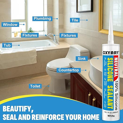 Silicone Caulk & Sealant White, 10 Pack - 100% Waterproof Silicone Sealant, Silicone Caulking for Kitchen and Bathroom, Toilet, Sink, Window ＆ Door Use, Shrink & Crack Proof (10.1 FL.OZ/300ml)