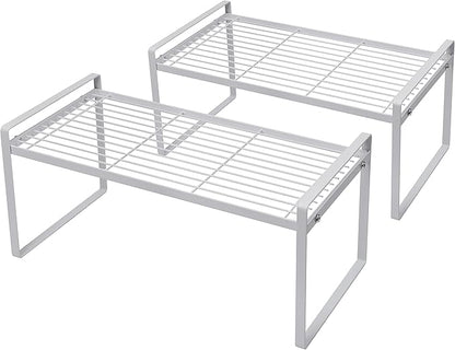 2Pack Cabinet Shelf Organizer Storage Rack Space Saving for Kitchen Counter Pantry Bathroom Cupboard Under Sink Office Table Desk Steel Stackable Rust Resistant Heavy Duty Nonslip 16” White