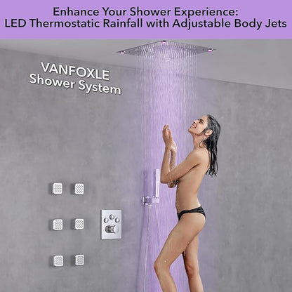 VANFOXLE Temperature Shower Faucet Set Chrome Shower System, Push Button Diverter Shower Faucet with 2 In 1 Handheld, 16 Inch LED Shower Head, 6 PCS Body Jets