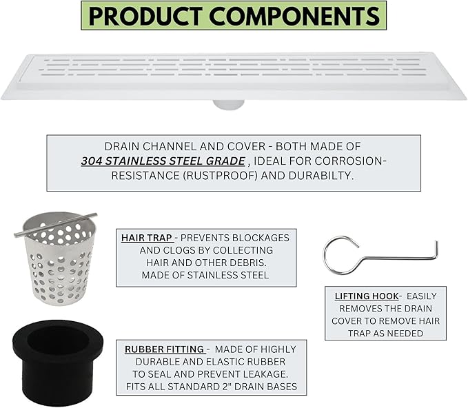 SereneDrains 304 Stainless Steel Matte White Shower Drain Kit 24 Inch Linear Shower Drains for Tile Floor Broken Lane Long Hair Catcher Strainer Grate Cover Bathroom (Matte White, 24 Inch)