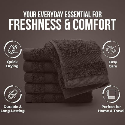 DAN RIVER 12-Pack Premium 100% Cotton Brown Face Towels – Reusable Face Towel Set, Soft & Absorbent Bath washcloths for Bathroom & Body – Hand and Face Towels, 550 GSM (12x12 in)