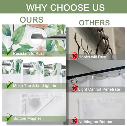 No Hook Shower Curtain and Liner Set, Light Green Eucalyptus Floral Shower Curtains for Bathroom, Bath Curtain Sets with Snap in Liner, Waterproof with See Through Top Window, 71x77 Inches