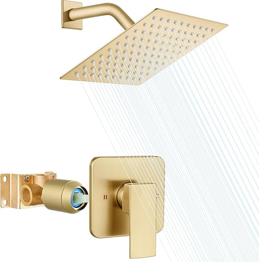 Heyalan 8 Inch Shower Head and Handle Set Square Shower Faucet Set Bathroom Rainfall Shower System Stainless Steel Showerhead Single Function Shower Trim Kit,Female Thread Valve,Brushed Gold