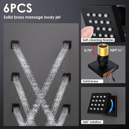 Enga Shower System with Body Jets, 12 Inch Wall Mount Rainfall Shower System and Handheld Body Spray Shower Faucets sets Combo with Rough-in Valve, Matte Black
