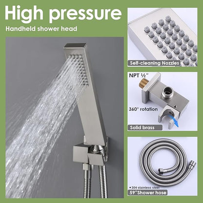Enga Rain Shower System with Body Jets, 12" Ceiling Rain Shower, All Metal Multiple Shower Head System, Contain Rough-in Shower Valve, Brushed Nickel