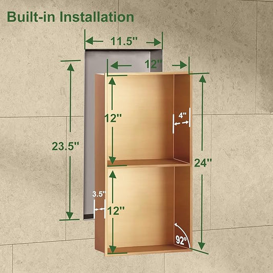 Shower Niche,12 * 24 Stainless Steel Elegant Bathroom Niche, No Tile Needed Recessed Shower Shelf Organizer for Storage,Gold