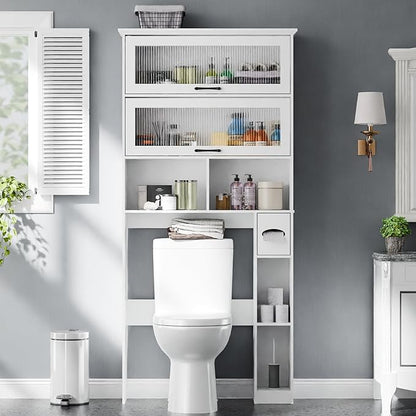Vabches Over The Toilet Storage Cabinet with Transparent Door, Toilet Paper Storage Cabinet with Multi Layer Shelves Suitable for Bathroom, Laundry Room, Freestanding Bathroom Storage Rack, White