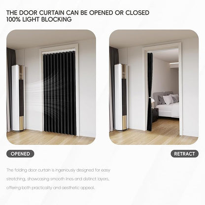 Accordian Door Curtain, 100% Blackout Folding Magnetic Doorway Curtains,Linen Style Closet Doors,for Room Divider,Privacy Protection（W52 x L78,Black,1 Panel）