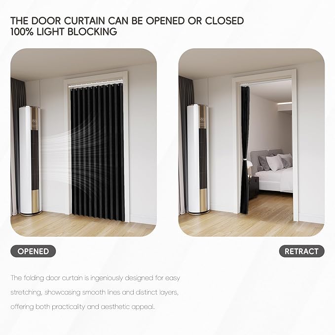 Accordian Door Curtain, 100% Blackout Folding Magnetic Doorway Curtains,Linen Style Closet Doors,for Room Divider,Privacy Protection（W72 x L78,Black,1 Panel）