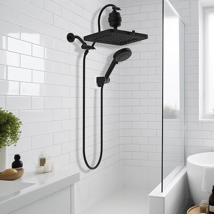 Hibbent Upgraded 5-spray 13'' Dual Filtered Rainfall Shower Head Combo, High Pressure 10-setting Handheld Shower Head with 12'' Adjustable Extension Arm, 20 Stage Shower Filter, 71'' Hose, Matte Black
