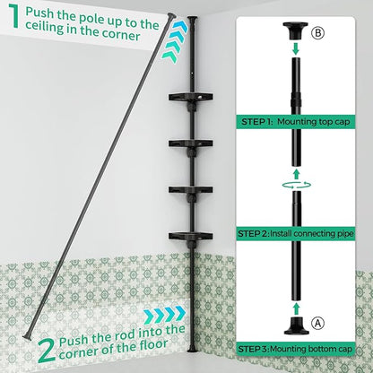 4-Tier Corner Shower Caddy Tension Pole Organizer - Adjustable Rustproof Metal Tension Pole, Plastic Shelves with Safety Guardrail, Bathroom Storage for Shower & Bathtub(Black)