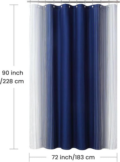 90 Inch Blue Shower Curtain, Extra Long Modern Navy Blue and White Gradient Vertical Stripe Waterproof Polyester Shower Curtains for Bathroom, 72x90 Inches
