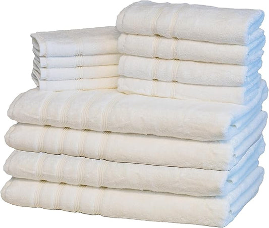 Mosobam Luxury Turkish 12pc XL Towel Set 35X70 16X30 13X13 White 700 GSM Bamboo Viscose & Aegean Turkish Combed Cotton