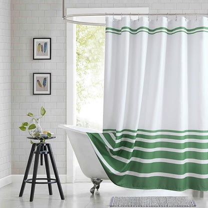 Green and White Striped Shower Curtain 72x78 Inches, Waterproof Fabric with Modern Gradient Lines, 12 Rustproof Grommets & Weighted Hem
