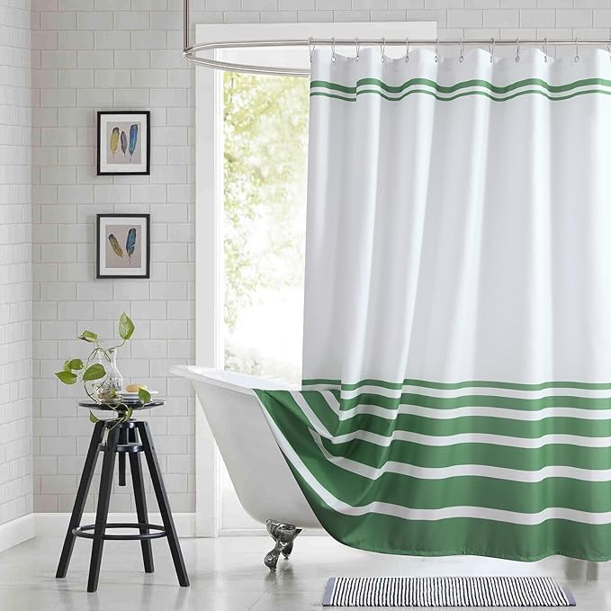 72x90 Inch Extra Long Shower Curtain, Green and White Ombre Striped Waterproof Fabric, Modern Hotel Spa Design with 12 Rustproof Grommets & Weighted Hem