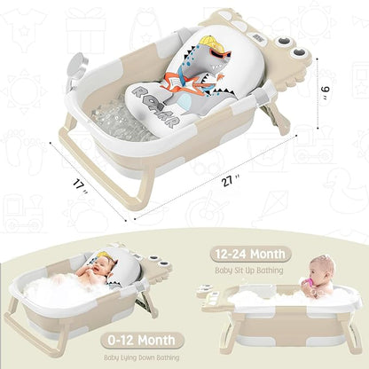 MoreFeel Collapsible Baby Bathtub for Newborn with Thermometer & 1 Hooded Towel & 1 Soft Floating Cushion,Portable Travel Bathtub with Drain Hole, Durable Foldable Baby Tubs for Infants to Toddler