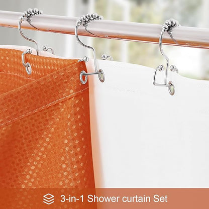 3 in 1 Extra Long Burnt Orange Shower Curtain Set-72 W x 84 H, Modern Waffle and PEVA Liner Set with 12 Stainless Steel Hooks, Waterproof Fabric for Bathroom