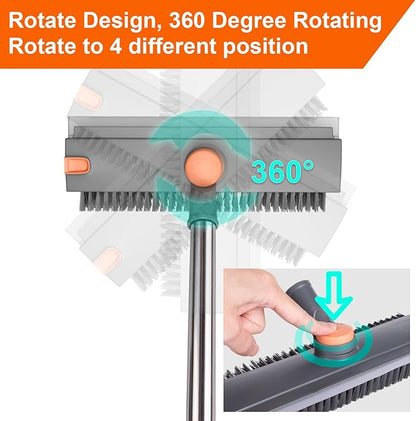 Floor Scrub Brush with Long Handle, BITOPE 3 in 1 Stiff Bristles Deck Brush 360° Rotating Floor Scrubber with Squeegee, Tweezer for Clean Patio, Deck, Tile, Concrete, Balcony Outdoor