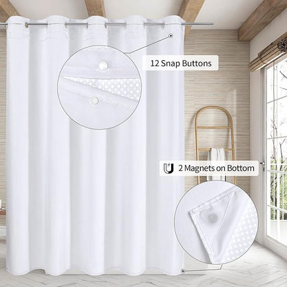 MitoVilla No Hooks Need White Waffle Shower Curtain Liner Set, Modern Waffle Weave Fabric Shower Curtains with Snap-in Liner for Luxury Hotel Grade Spa-Like Bathroom Decor, 72 x 74