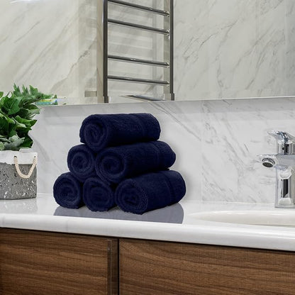 Monogrammed Hand Towel, Personalized Initial Gift, Extra Absorbent 100% Turkish Cotton - Soft Terry Finish - Set of 2 - White Block Initial T - Embroidered on Navy Blue Towels