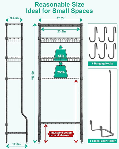 Over The Toilet Storage, 4-Tier Over Toilet Shelf Organizer Metal Storage Rack Freestanding Bathroom Space Saver with Adjustable Shelves and Baskets, Gray