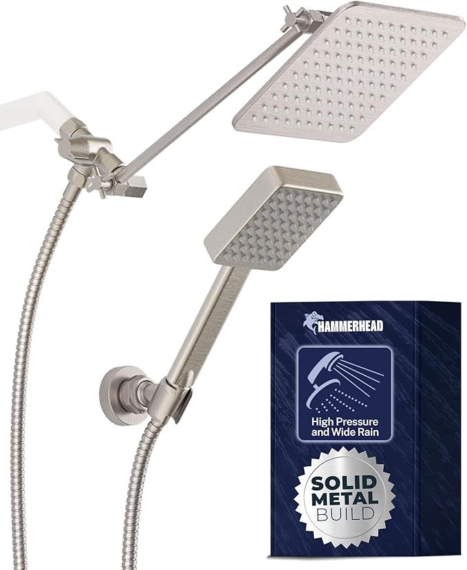 HammerHead® Solid Metal Dual Shower Head Combo — 8" Square Rain Shower Head with Handheld, 12" Adjustable Arm & Wall-Mount Holder for Flexible Installation — Brushed Nickel