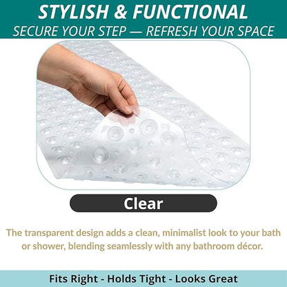 ENKOSI Bath Mat – 40 x 16 Inch Extra Long Non Slip Bathtub Mat – Anti Slip Clear Shower Mat with Suction Cups and Drain Holes – Bathroom Mat for Bath Tub and Smooth Shower Floors (40x16 Clear)