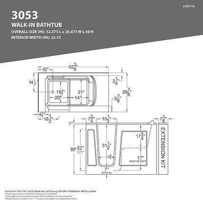 ANZZI Walk In Tub 53'' x 30'' Left Drain Soaking Bathtub in White Walk-In Soaker Tub with Easy Access Safe Grab Bars and Slip-Resistant Material and Quick Fill Faucet