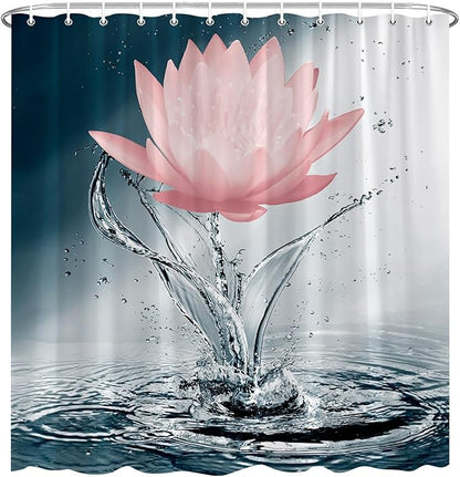 Lotus Shower Curtain Black White Blue Red Flower Elegant Blooming Floral with Dew Spring Flower Reflection on Water Modern Romantic Polyester Fabric Bathroom Decor 108×70 Inch with Hook