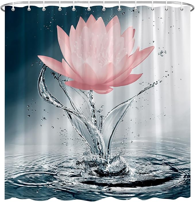Lotus Shower Curtain Black White Blue Red Flower Elegant Blooming Floral with Dew Spring Flower Reflection on Water Modern Romantic Polyester Fabric Bathroom Decor 70×70 Inch with Hook