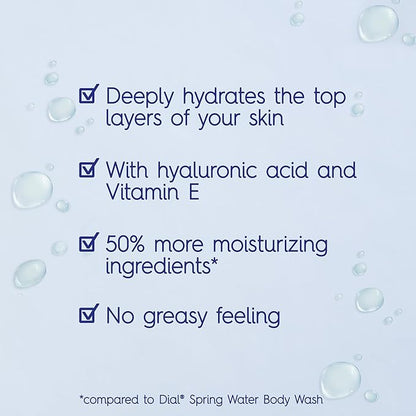 Dial Body Wash, Healthy Hydration, Hyaluronic Acid + Vitamin E, 16 fl oz (Pack of 4), Gentle, Leaves Skin Feeling Soft In 1 Shower, Dermatologist-Tested, No Parabens & Silicones