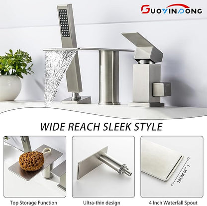 Waterfall Roman Tub Faucet with Sprayer, Deck Mount Tub Faucet Single Handle 3 hole Roman Tub Faucet High Flow Bathtub Faucet Set, Brushed Nickel