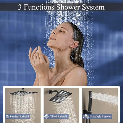 Shower Faucet Set Matte Black Shower System, Knob Switch Diverter Shower Faucet with High Pressure Handheld Spray, Ceiling Mount 12 Inch Shower Head with 6 Inch Wall Mount Shower Head